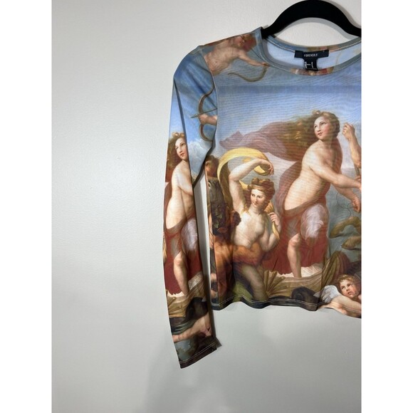 Forever 21 Ladies Crop Sheer Top Stretchy Renaissance Painting Long Sleeve Small - Picture 4 of 9
